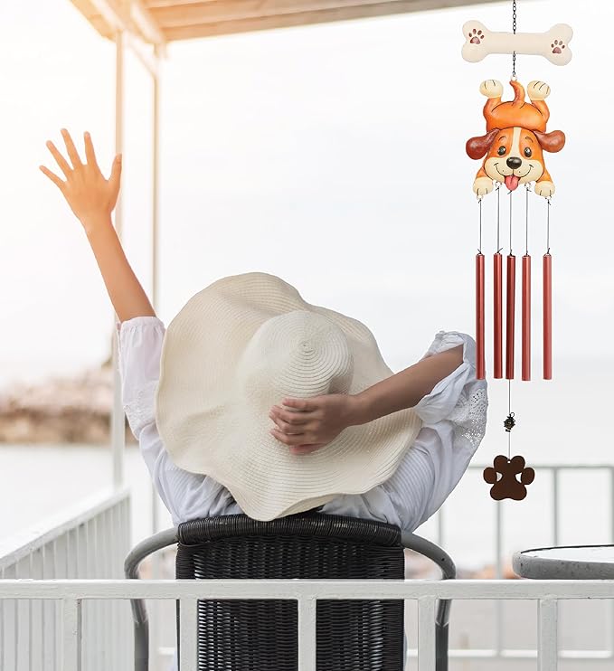 CoTa Global Cute Beagle Puppy Wind Chime - Brown and White Dog Hanging Decor with Copper Tone Wind Chime Tubes, Indoor, Outdoor, Porch, Patio, Yard, or Garden Decoration - 31.5 Inches