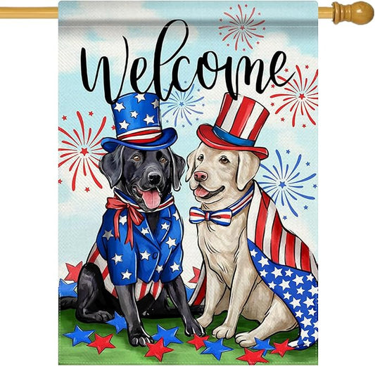 Welcome 4th of July Dog Patriotic Decorative House Flag, Black Labrador Pet Firework Garden Yard Outside Decoration, American Summer Outdoor Large Home Decor Dog Lover Gifts Double Sided 28x40