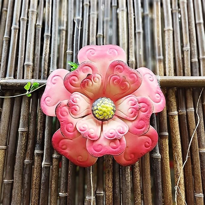 Metal Flower Wall Art Decor 12 in Iron Beautiful Floral Sculpture Hanging Wall Statue for Home Garden Patio (Color : Pink)