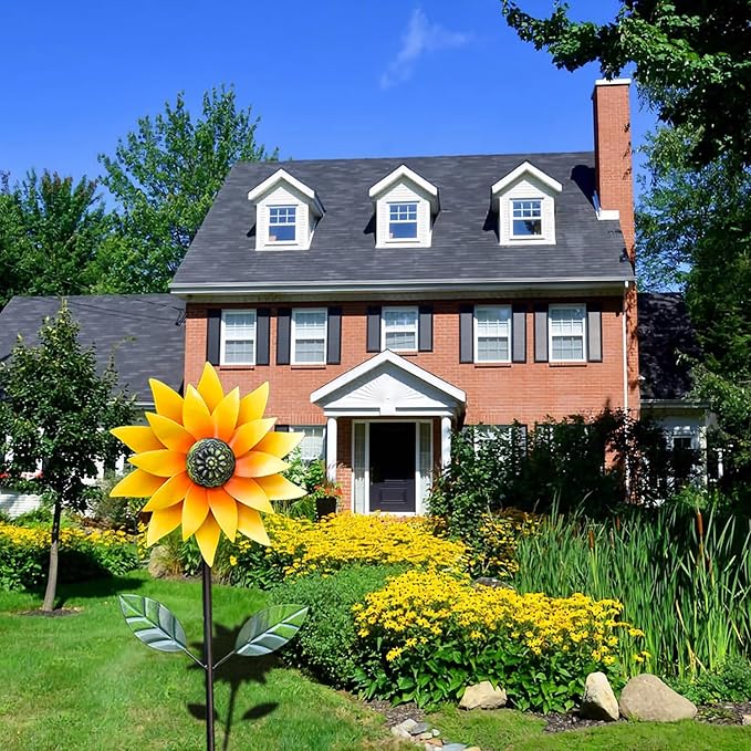 Sunflower Wind Spinner Outdoor, Metal Wind Sculptures with Stake, Outdoor Windmill Flower Pinwheels Decorations for Yard Garden Lawn Patio Decor 46 * 10 inchs