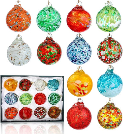 Set of 12 Hand Blown Glass Ball Ornaments Decorative Hanging Ornaments Glass Gazing Balls Witches Balls Decor for Outdoor Patio Garden Window