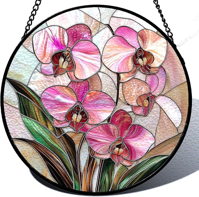 Stained Glass Sun Catcher Window Hanging - Pink Phalaenopsis Orchid Floral Design, Indoor Decor Gifts for Mother's Day, Birthday, Christmas - Perfect for Women, Mom Home Window Decor (Pink) 7.8in