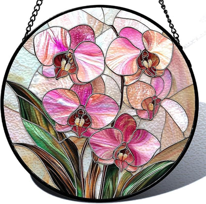 Stained Glass Sun Catcher Window Hanging - Pink Phalaenopsis Orchid Floral Design, Indoor Decor Gifts for Mother's Day, Birthday, Christmas - Perfect for Women, Mom Home Window Decor (Pink) 7.8in