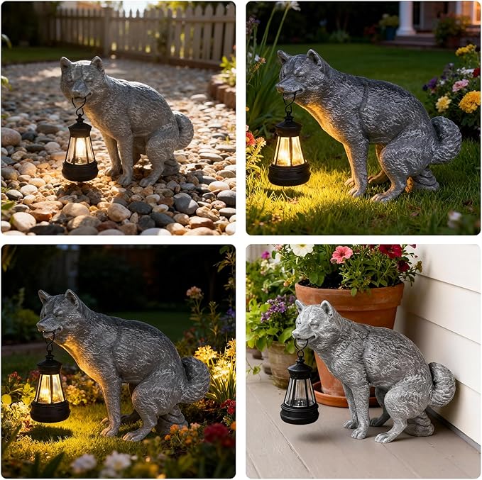Discreet Wolf Garden Statue - The Loyal Guardian's Surprise Solar Lantern - Unique Dog Resin Figurine for Lawn Patio Yard - Funny Gag Gift for Gardeners - Birthday Gifts for Grandma Mom Women