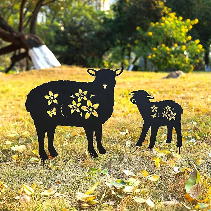LHEARTMIC Sheep Garden Decor Metal Stakes Black Sheep Silhouette Statues Decorations for Yard, Lawn, Patio, Backyard, Pathway, Outdoor Sheep Lovers Gifts for Women Men