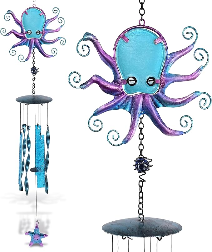 CoTa Global Octopus Wind Chime - Handmade Glass and Metal Chime - Ocean Life Hanging Decor - Colorful Home Decor Gift, Indoor and Outdoor Hanging Decoration for Porch, Patio and Garden – 27.5 Inches