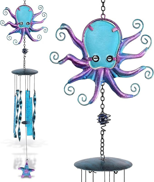 CoTa Global Octopus Wind Chime - Handmade Glass and Metal Chime - Ocean Life Hanging Decor - Colorful Home Decor Gift, Indoor and Outdoor Hanging Decoration for Porch, Patio and Garden – 27.5 Inches
