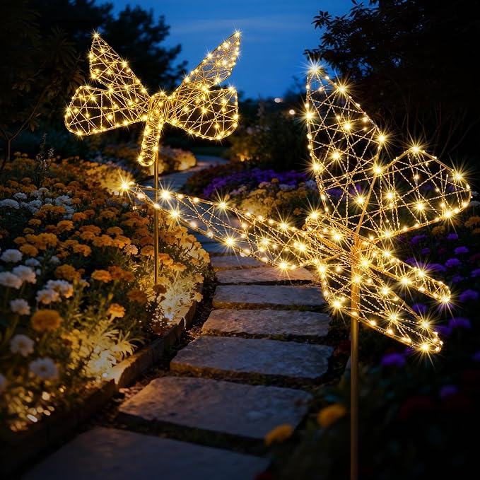 Lomotech Solar Garden Lights - 18" 240 Leds Foldable Outdoor Butterfly Garden Decor, Waterproof Larger Outdoor Solar Lights with Iron for Garden Patio Yard Lawn Pathway Decorations (Warm White)