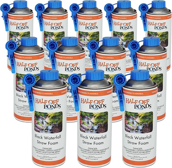 Half Off Ponds Black Waterfall Foam Sealant Spray – 12 Pack Expanding Pond Foam for Koi Ponds, Water Features & Rock Gaps – Foam Filler for Waterfalls – 16oz Straw Can, Waterproof Polyurethane
