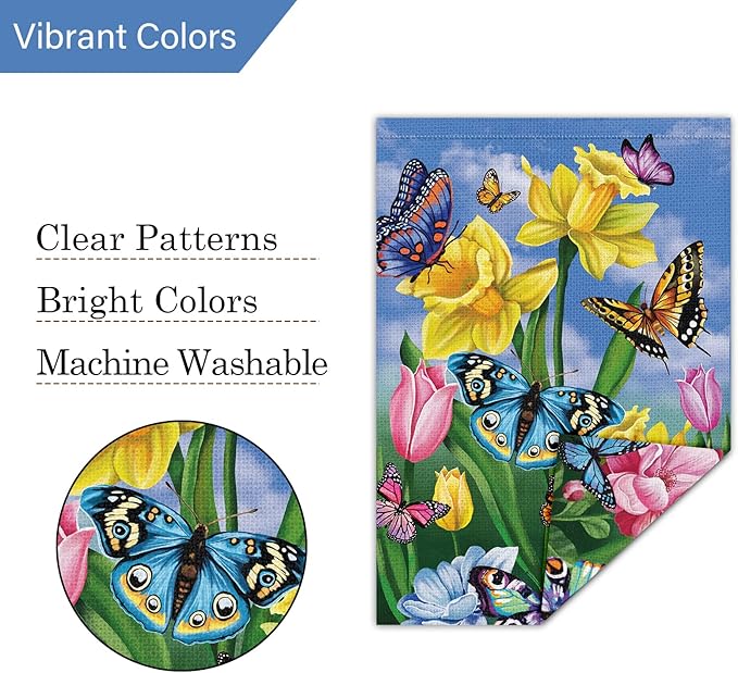 Louise Maelys Spring Garden Flag 28x40 Double Sided Vertical, Burlap Large Butterfly Floral Flower Welcome Yard House Outside Outdoor Summer Decoration