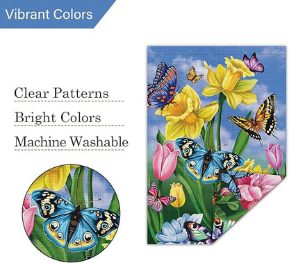 Louise Maelys Spring Garden Flag 28x40 Double Sided Vertical, Burlap Large Butterfly Floral Flower Welcome Yard House Outside Outdoor Summer Decoration