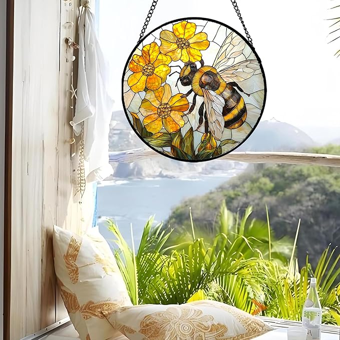 Stained Glass Window Hanging - Yellow Bees Gathering Flowers Sun Catcher for Door Garden Home Decor Cute Suncatcher Christmas Mother's Day Birthday Gifts for Women Men Mom Nana 9.8 in