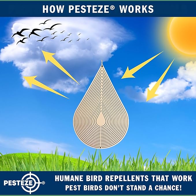 PESTEZE USA Water Droplet Wind Spinner, 4×9.25 Stainless Steel Highly Reflective Outdoor Hanging Spinner for Bird Deterrent, Garden & Yard Decor, Resistant Metal Art with 360° Wind Motion Easy Install