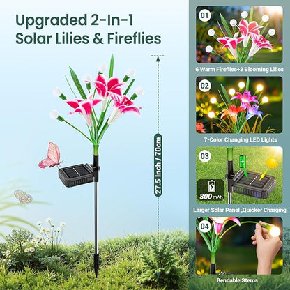 WdtPro Upgraded Solar Garden Lights Outdoor: 4 Pack Solar Firefly Swaying Light with Colorful LED Lily Flower, Waterproof Garden Decor for Yard Patio Pathway Lawn, Gifts for Women (2 Rosy+2 Pink)