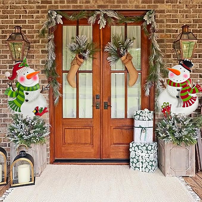 Outdoor Christmas Decorations,2 Pack Snowman Garden Stakes Decoration, Metal Holiday Yard Art, Winter Outdoor Decor, Metal Garden Lawn Decor for Xmas Pathway Patio
