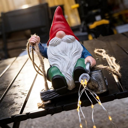 Hanging Garden Gnomes Statues Solar Watering Can Fairy Lights, 6.7''H Swings Gnome Cascading LED Decor for Yard Balcony Backyard Tree Outside, Housewarming Birthday Gifts for Woman Mom Grandma