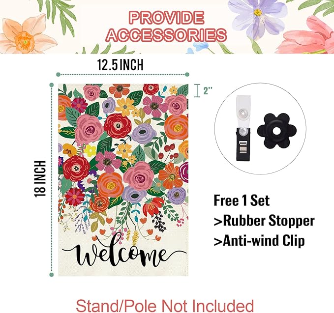 Baccessor Spring Summer Welcome Garden Flag Double Sided 12.5 x 18 Inch Burlap with Clip and Stopper,Floral Flowers Flag Seasonal Farmhouse Front Yard Lawn Outside Outdoor Decoration