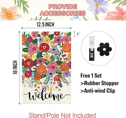 Baccessor Spring Summer Welcome Garden Flag Double Sided 12.5 x 18 Inch Burlap with Clip and Stopper,Floral Flowers Flag Seasonal Farmhouse Front Yard Lawn Outside Outdoor Decoration