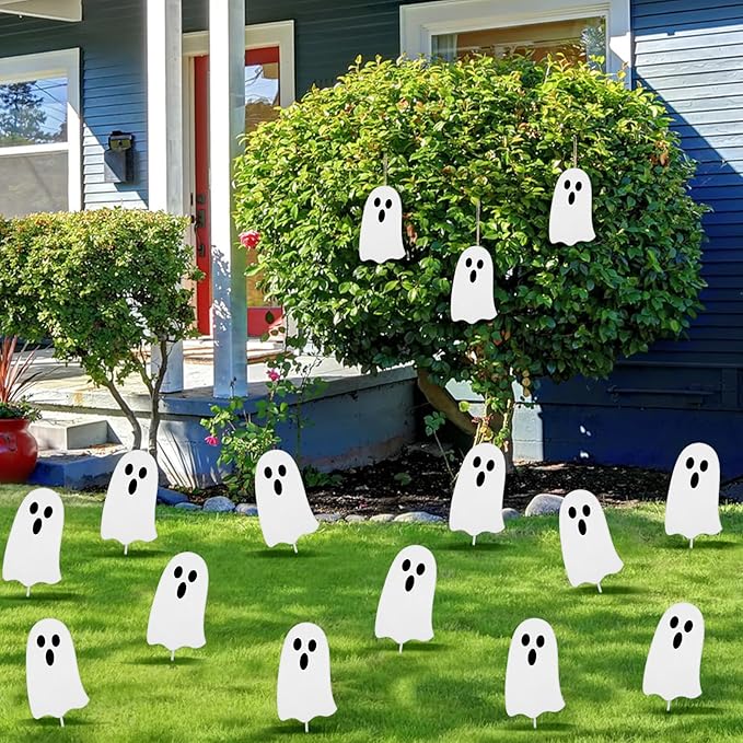Shimeyao 6 Pcs Metal Halloween Ghost Garden Stakes Halloween Yard Signs Outdoor Decor 12 Inch White Ghost Yard Signs for Home Lawn Porch Holiday Front Backyard