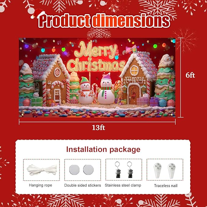 HOMETITUTE Christmas Garage Door Cover 13x6ft Snowman Gingerbread House Holiday Banner Red Background Colorful Lights Gift Boxes Seasonal Backdrop Outdoor Indoor Winter Party Festive Wall Porch