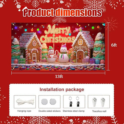 HOMETITUTE Christmas Garage Door Cover 13x6ft Snowman Gingerbread House Holiday Banner Red Background Colorful Lights Gift Boxes Seasonal Backdrop Outdoor Indoor Winter Party Festive Wall Porch