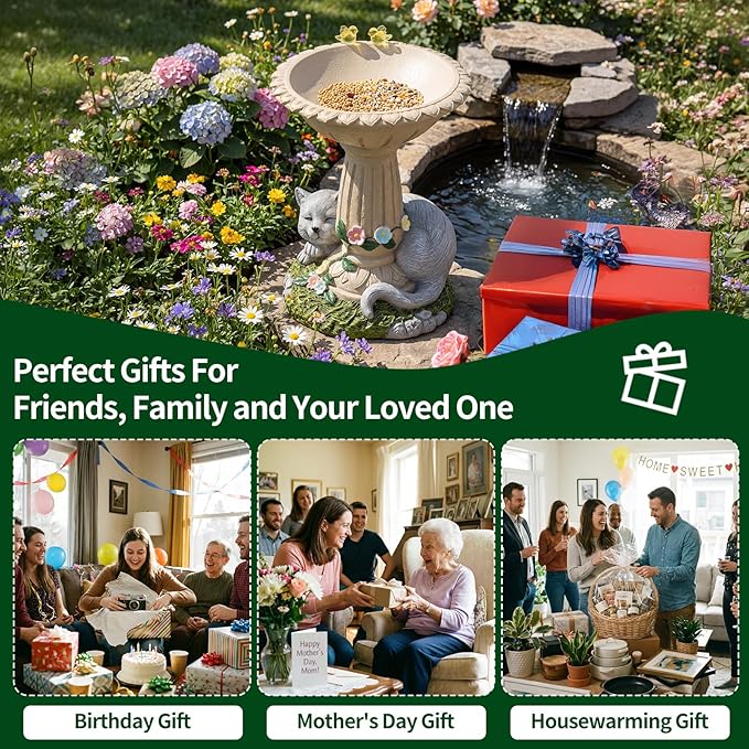 Lyeasw Cat Statue Garden Decor with Bird Feeder Outdoor Yard Decor – Weatherproof Resin Outdoor Patio Porch Lawn Art – Unique Birthday Gifts for Bird Lovers Mom Grandma Women