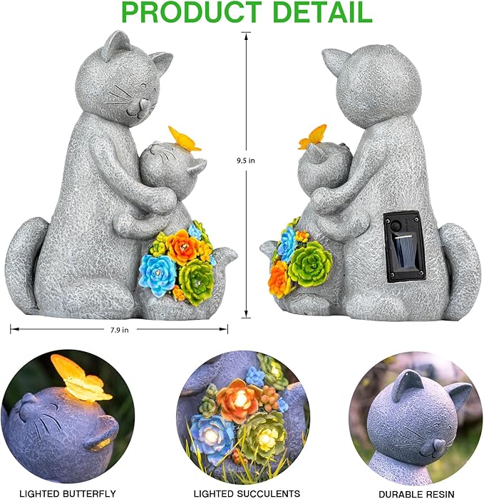 Candieslife Solar Garden Statues Loving Cat Figurine Lights for Outside, Yard Decorations Outdoor, Garden Decor Unique Mothers Day Birthday Housewarming Gifts for Mom, Women, Lover