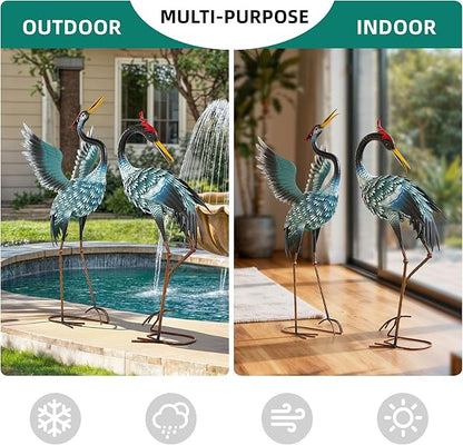 36.8" Metal Crane Garden Statue, Handcrafted Extra-Large Blue Heron Decor Sculptures with Stable U-Ground Stakes, Backyard Decoration, Metal Garden Bird Animal Yard Art, Lawn Ornament Decor