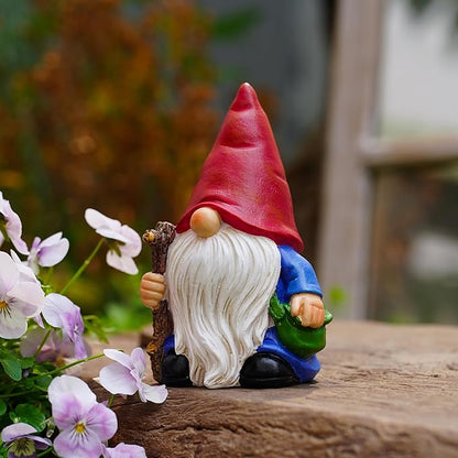 Hand-Painted Traveler Resin Garden Gnome Statue 6.1in - Whimsical Explorer Figurine for Outdoor & Indoor Decor - Weather Resistant Gnome with Staff & Satchel for Patio, Yard, Lawn, Home & Gift