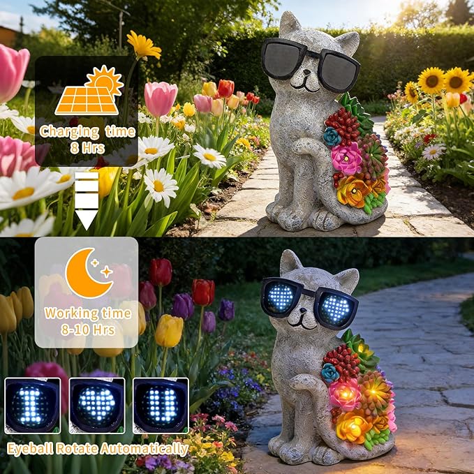 Solar Garden Statues Cat with Succulent and LED Lights Birthday Gifts for Women Mom Grandma Outdoor Decor for Patio Backyard Yard Lawn Decoration Unique Housewarming Gifts