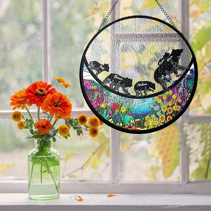 NAZENTI Personalized Bear Family Stained Glass Window Hanging Gifts for Mothers Day, Birthday, Christmas, Custom Stained Glass for Mom, Grandma, Family from Grandkids, Home Decor