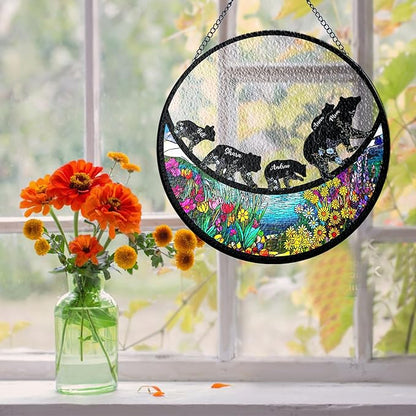 NAZENTI Personalized Bear Family Stained Glass Window Hanging Gifts for Mothers Day, Birthday, Christmas, Custom Stained Glass for Mom, Grandma, Family from Grandkids, Home Decor