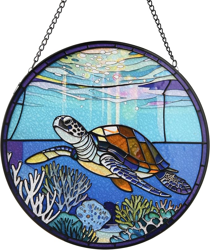 Stained Glass Window Hanging, Turtle Circular Painted Glass Suncatcher with Chain & Suction Cup for Home Garden Door Decor, Birthday for Women Men Mom 7.8 in