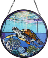 Stained Glass Window Hanging, Turtle Circular Painted Glass Suncatcher with Chain & Suction Cup for Home Garden Door Decor, Birthday for Women Men Mom 7.8 in