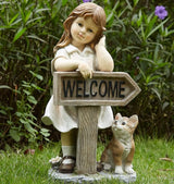 Girl Garden Statue with Solar LED Lights, Solar Girl Welcome Sign with Cat Garden Statue for Outdoor Decor, Porch, Patio, Yard Art Decorations, Polyresin 17.3 inch