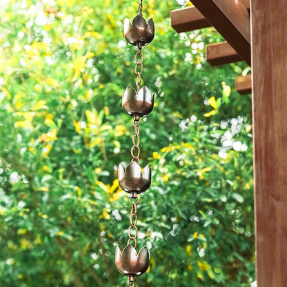 Glitzhome 8.5 FT Lotus Flower Rain Chains, Faux Copper Rain Chains for Gutters with 15 Cups, Adjustable Rain Catcher Chain with V-Shaped Gutter