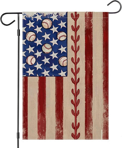 4th of July Garden Flag 12x18 Inch Double Sided, Retro American Flag with Baseball Yard Decoration,Small Seasonal Outdoor Decor for Summer Memorial Day/250th Years America Anniversary Holiday Outside