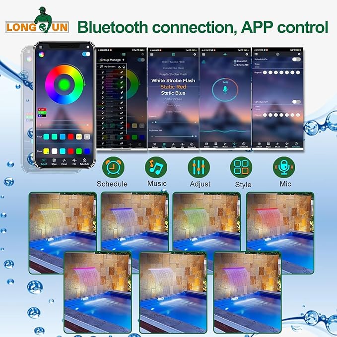 Longrun LED Fountain Light,Waterfall LED Light Strip,Remote and APP Control Waterproof Aluminum LED Lights for Pool Water fall Fountain,Pond Waterfall Spillway Landscape Lighting Decoration(22.36Inch)