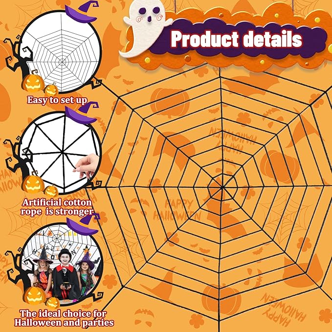 12 FT 9-Ring Spider Web Halloween Decorations, Giant Rope Fake Spider Web for Scary Haunted House, Outdoor Yard, Porch, Wall, and Spooky Trick-or-Treat Hanging Party Decor (Black)