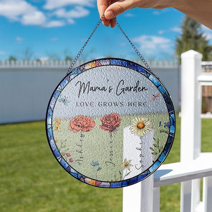 NAZENTI Custom Family Birth Flowers Glass Suncatcher, Personalized Stained Glass Window Hanging Suncatcher with Kids Name, Gifts for Mother's Day, Personalized Mom Flower Garden