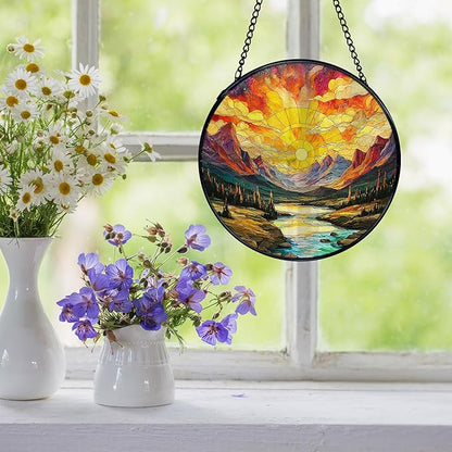 Mountain Sunset Landscape Suncatcher Stained Glass Window Hanging, Nature Landscape Sun Catchers Indoor Window Glass Wall Art Decor, Mountain Wall Hanging Decor Decorations, 7.9x7.9 Inch