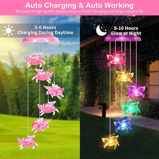 Solar Wind Chimes for Outside- Pig Wind Chimes Pink,7 Colors Changing Outdoor Waterproof Flying Pig LED Wind Bell, Patio Garden Yard Decor (Mom, Women, Gardening Gifts)