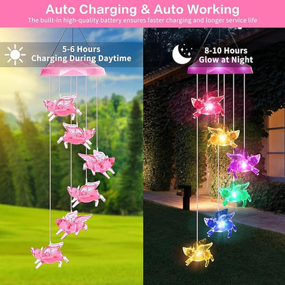 Solar Wind Chimes for Outside- Pig Wind Chimes Pink,7 Colors Changing Outdoor Waterproof Flying Pig LED Wind Bell, Patio Garden Yard Decor (Mom, Women, Gardening Gifts)