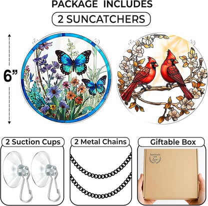 2 Cardinal Butterfly Acrylic Suncatchers, 6" Suncatchers for Window Hanging Indoor, Art Decor for Home, Garden, Housewarming, Gift for Mom, Grandma, Women, Friend, Bird Lover SCB-A6-B3