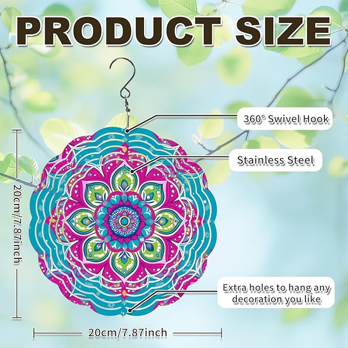 Wind Spinners Outdoor, Hanging Wind Spinner for Garden Decoration, 8 inch 3D Stainless Steel Metal Wind Sculpture for Indoor/Outdoor Decor, Mandala B