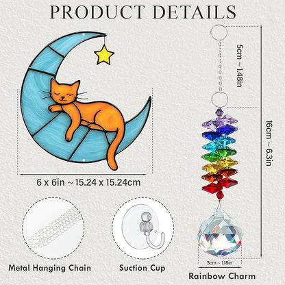 Orange Cat Suncatcher – Cute Orange Cats Hanging on Crescent Moon – Tabby Cat Gifts for Women, Home Window or Garden Decor