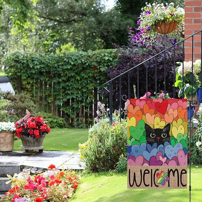 Louise Maelys Pride Garden Flag Rainbow Black Cat 12x18 Inch Double Sided Small Burlap Love Heart Gay Lesbian LGBTQ Yard Outdoor Sign Outside Home House Decor