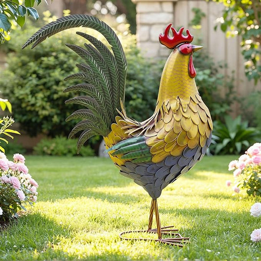 32" Oversized Metal Rooster Statues, Large Outdoor Decor, Metal Chicken Sculpture for Backyard Patio Kitchen Decor