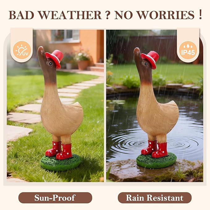 Garden Duck Statues with Solar Hat Light Outdoor Decor, Cute Runner Duck Figurines for Yard Patio Lawn, Animal Ornaments Resin Crafts, Gifts for Women Mom Housewarming