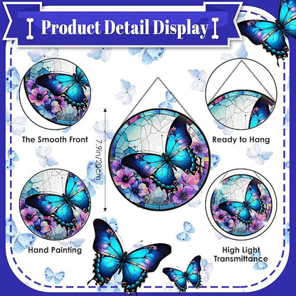 Butterfly Stained Glass Window Hanging - 7.9'' Handmade Sun Catcher Floral Garden Decor, Colorful Glass Panel Crystal Butterfly Wall Art for Home Windows - Birthday Gifts for Women, Mom, Nature Lovers